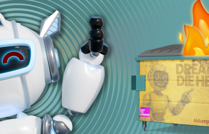 Illustration of AI robot giving the reader the finger in front of a dumpster fire