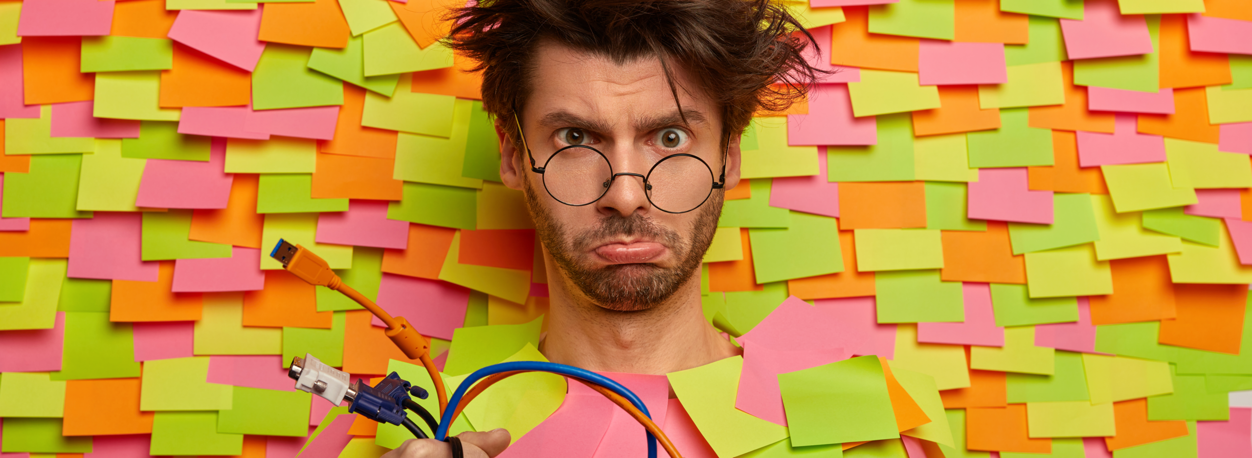 confused looking client surrounded by sticky post it notes